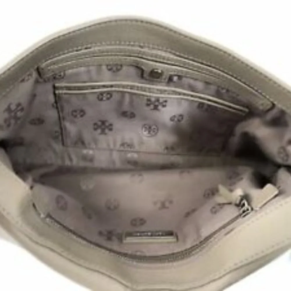 Tory Burch Satchel Handbag Taupe Leather ShoulderBag Purse Tote  Silver hardware